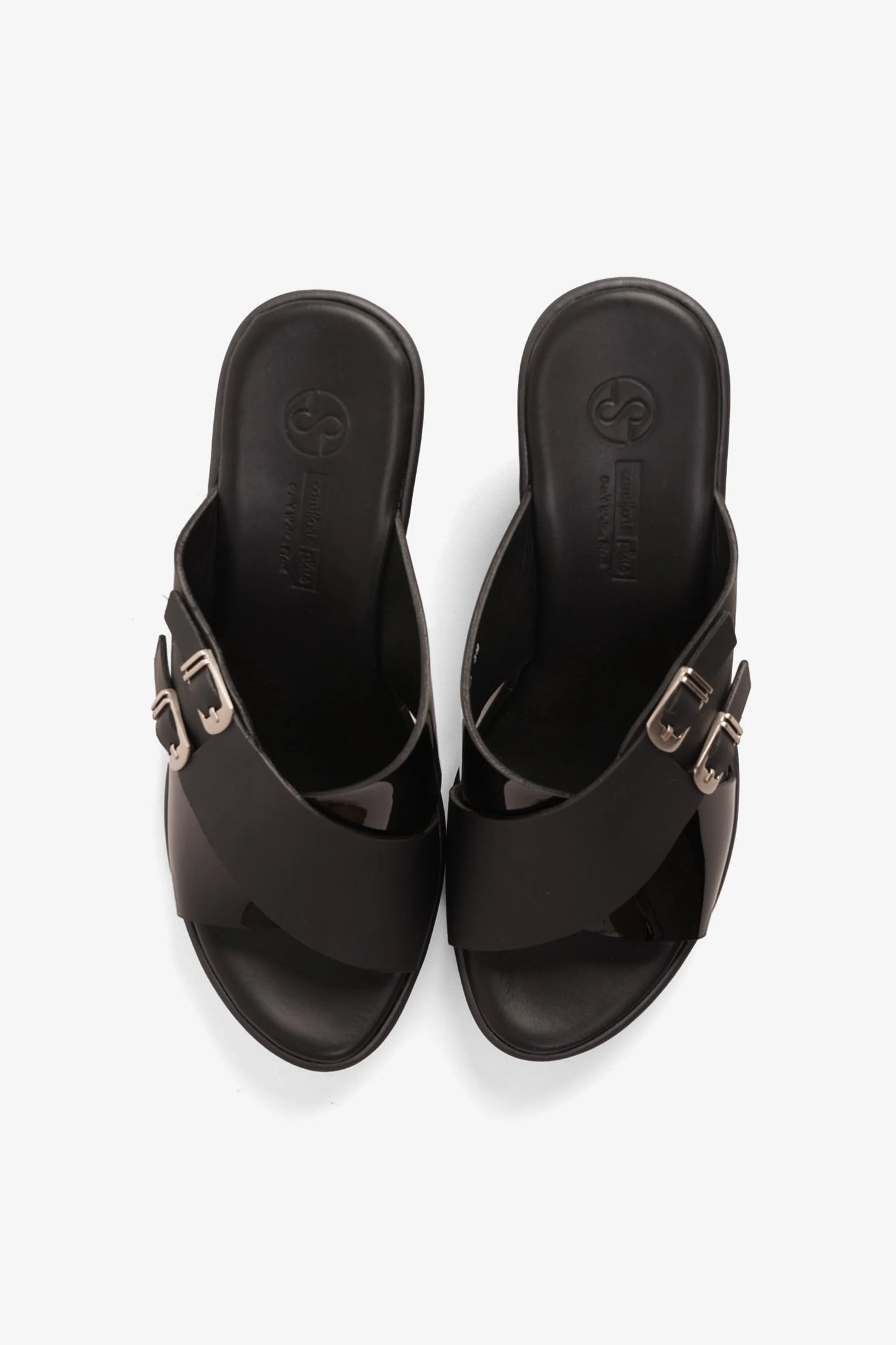 Comfort Plus Women's Double Buckle Leather Wedge Mules Black LSDCP9109