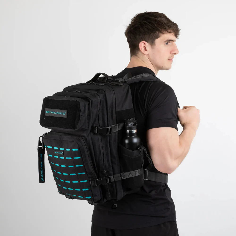 LARGE GYM BACKPACK BUILT FOR ATHLETES BLACK AQUA - Sole Therapy