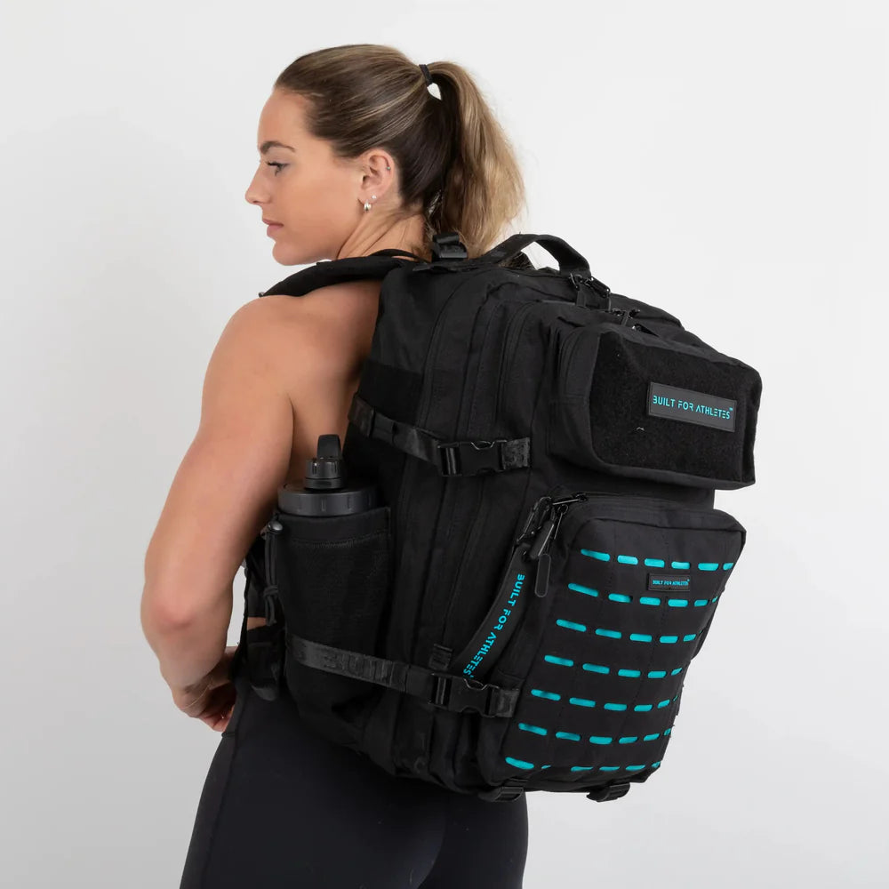 LARGE GYM BACKPACK BUILT FOR ATHLETES BLACK AQUA - Sole Therapy