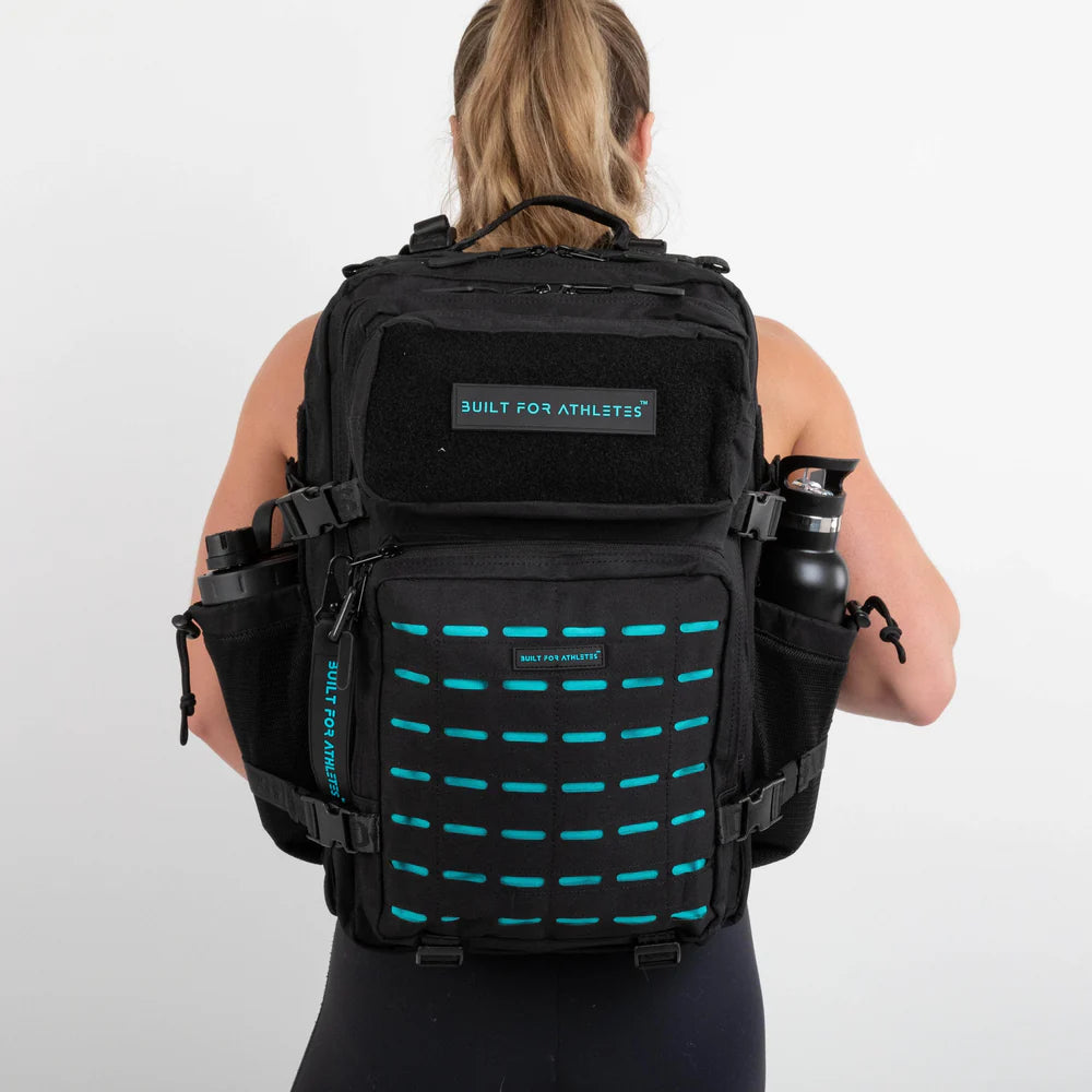 LARGE GYM BACKPACK BUILT FOR ATHLETES BLACK AQUA - Sole Therapy