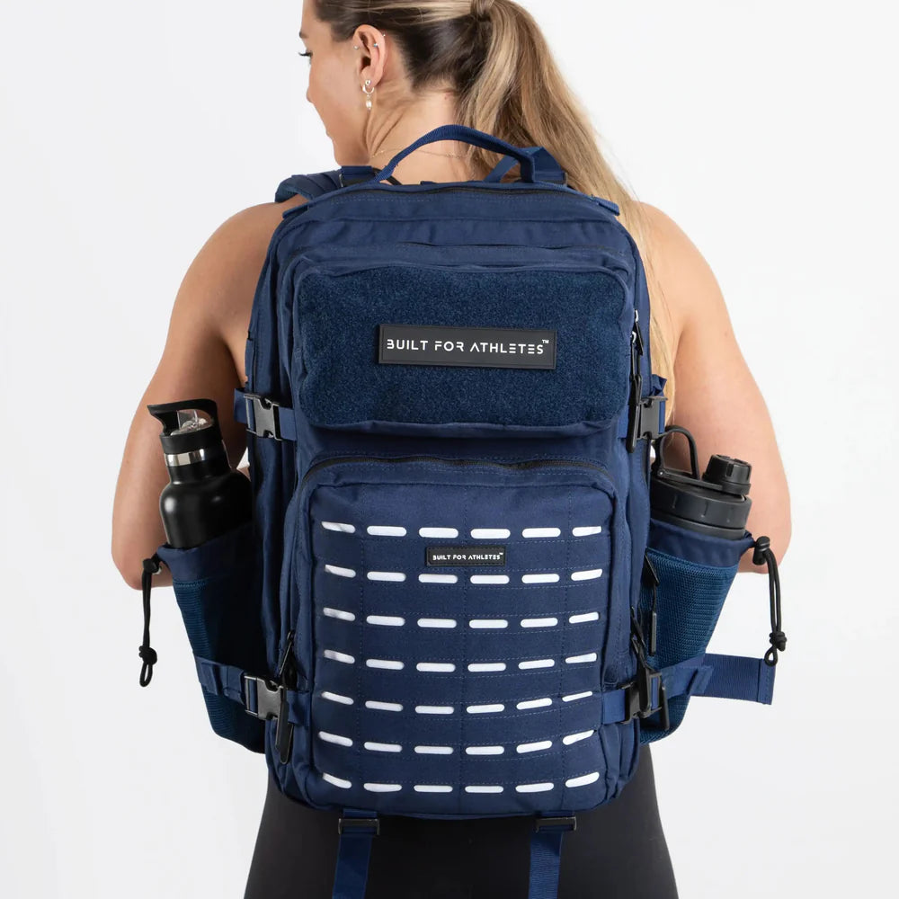 LARGE GYM BACKPACK BUILT FOR ATHLETES NAVY WHITE - Sole Therapy