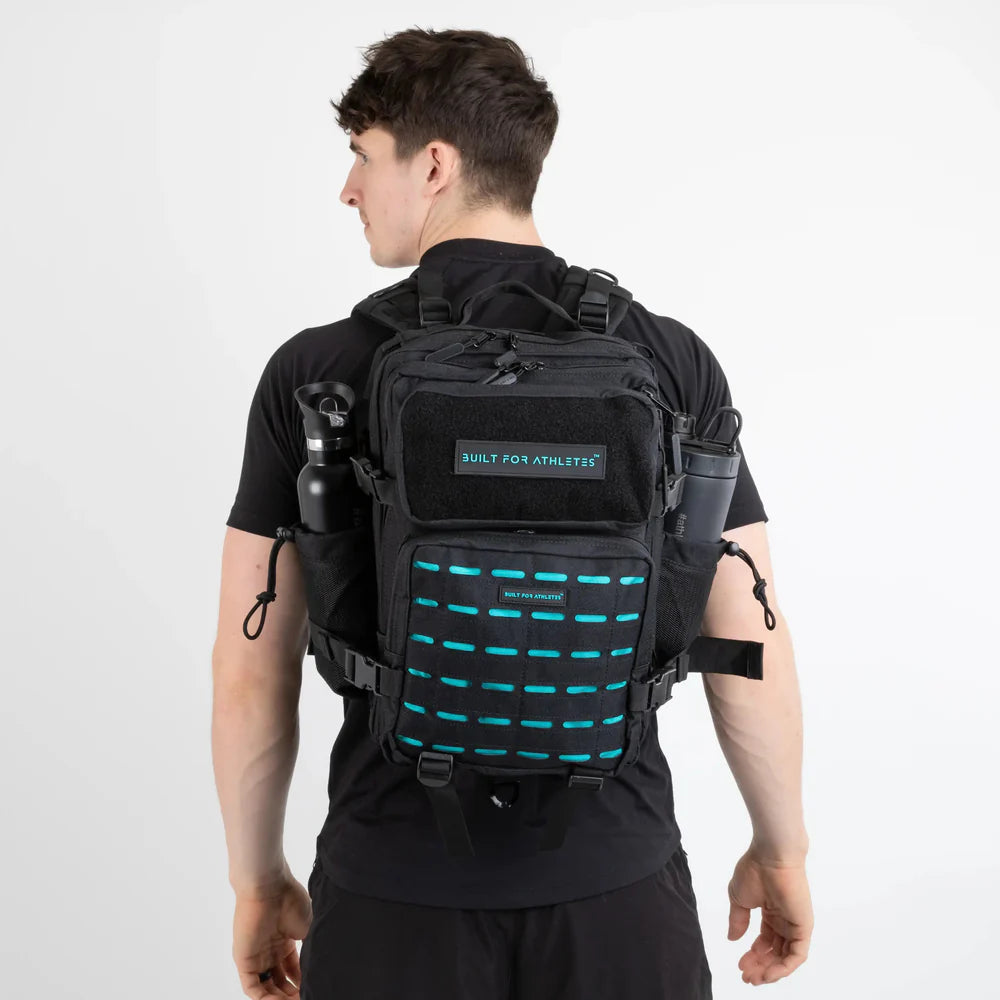 SMALL GYM BACK PACK BUILT FOR ATHLETES BLACK - AQUA - Sole Therapy