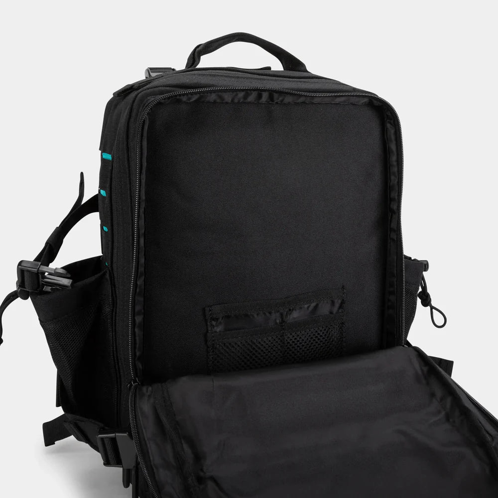 SMALL GYM BACK PACK BUILT FOR ATHLETES BLACK - AQUA - Sole Therapy