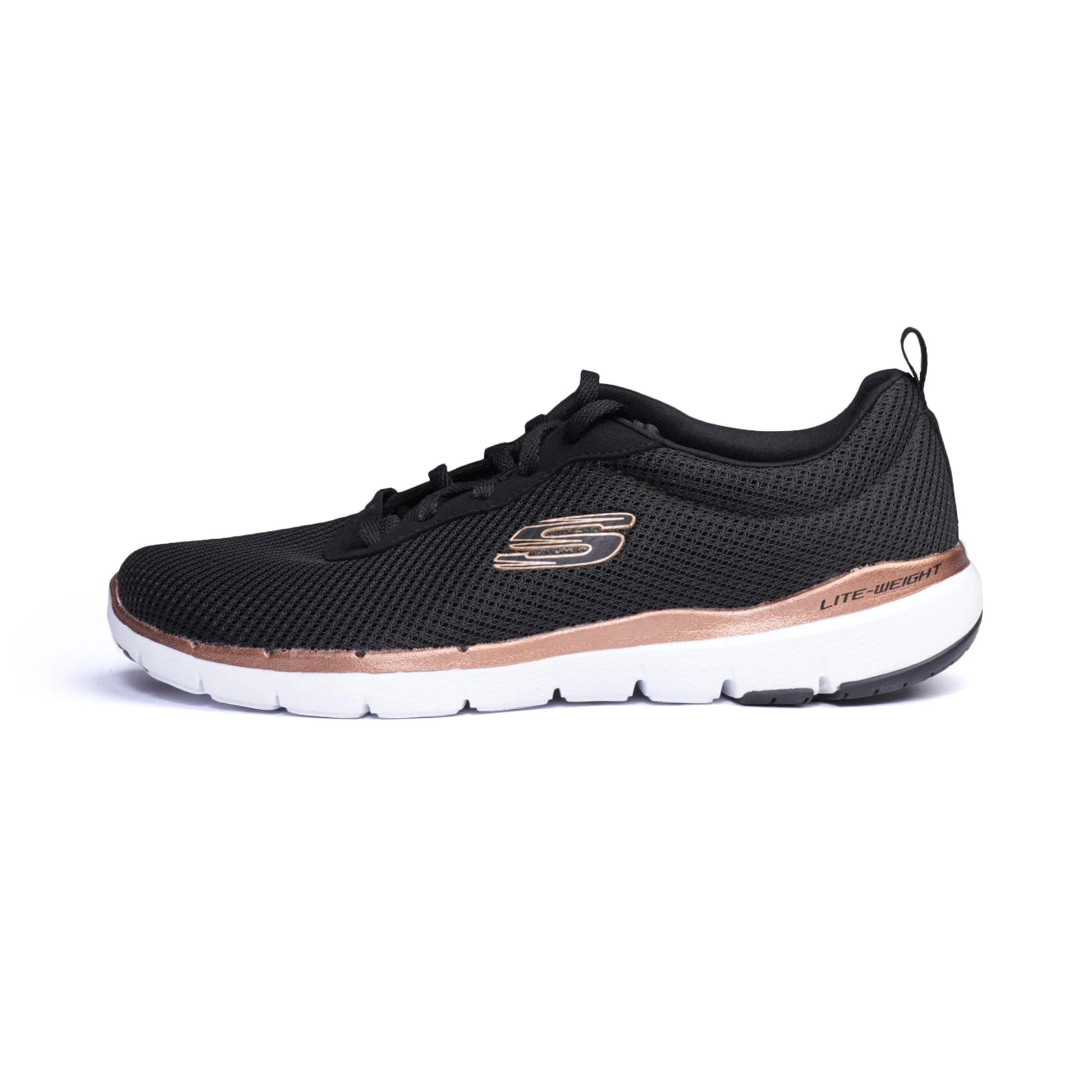Skechers Womens Trainers Flex Appeal 3.0 Lace Up Black- Rose Gold - Sole Therapy