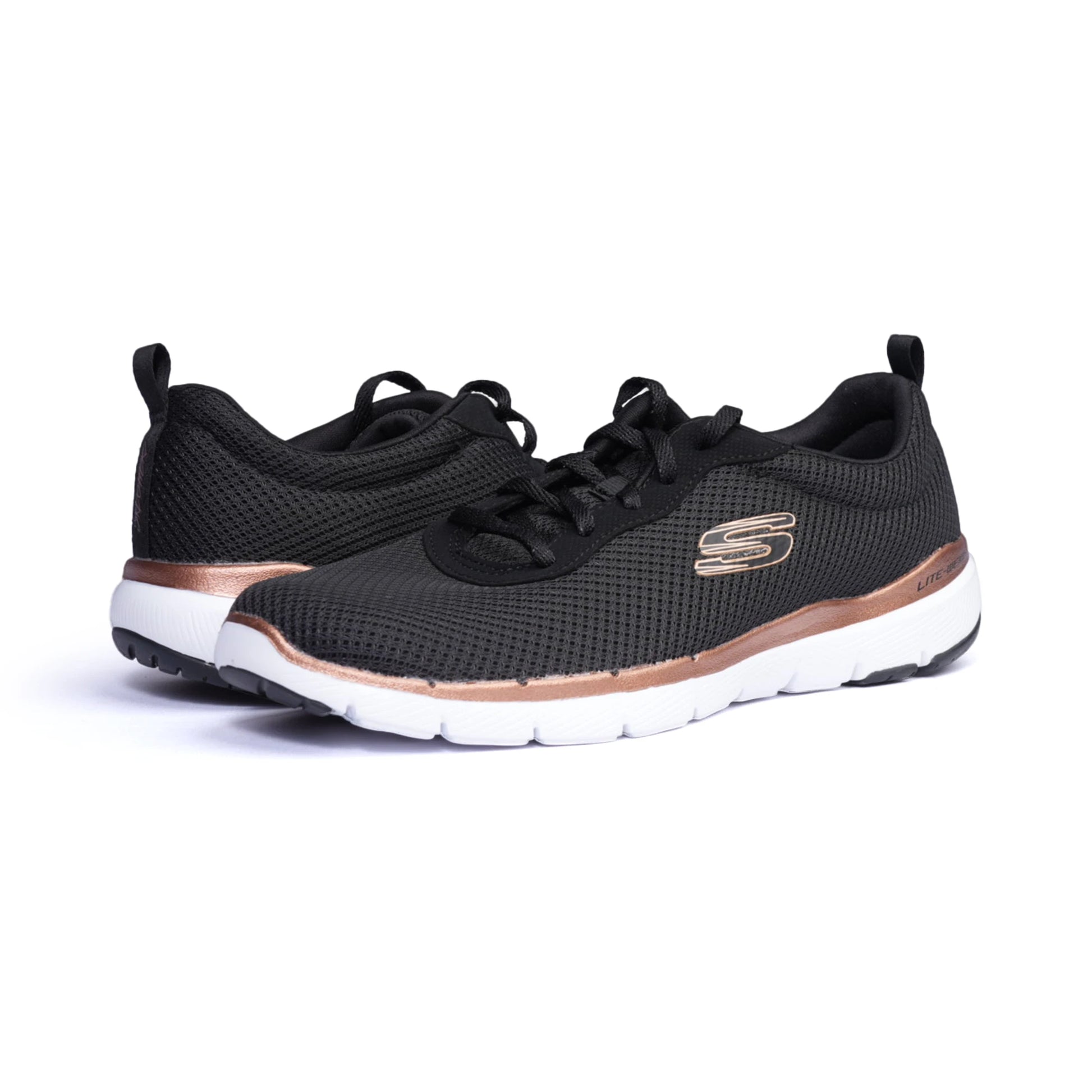 Skechers Womens Trainers Flex Appeal 3.0 Lace Up Black- Rose Gold - Sole Therapy