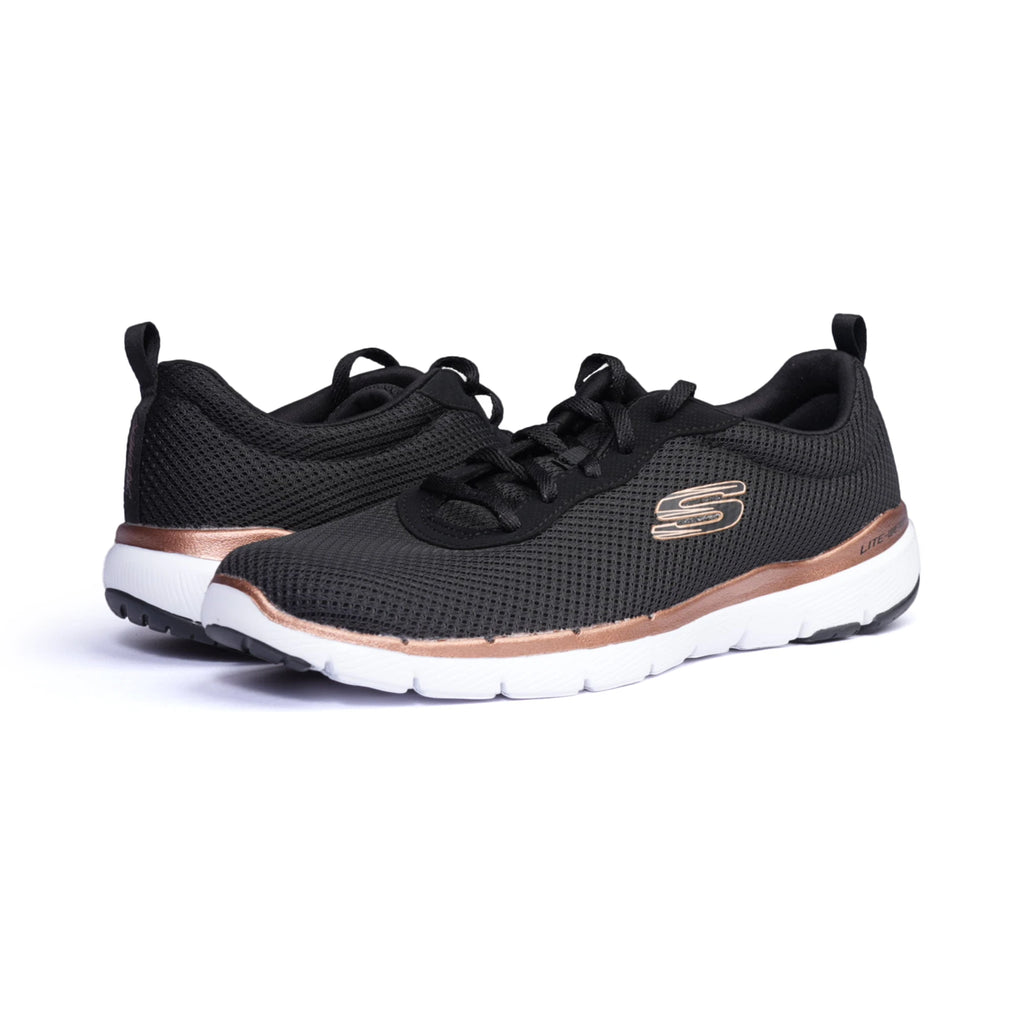 Skechers Womens Trainers Flex Appeal 3.0 Lace Up Black- Rose Gold - Sole Therapy