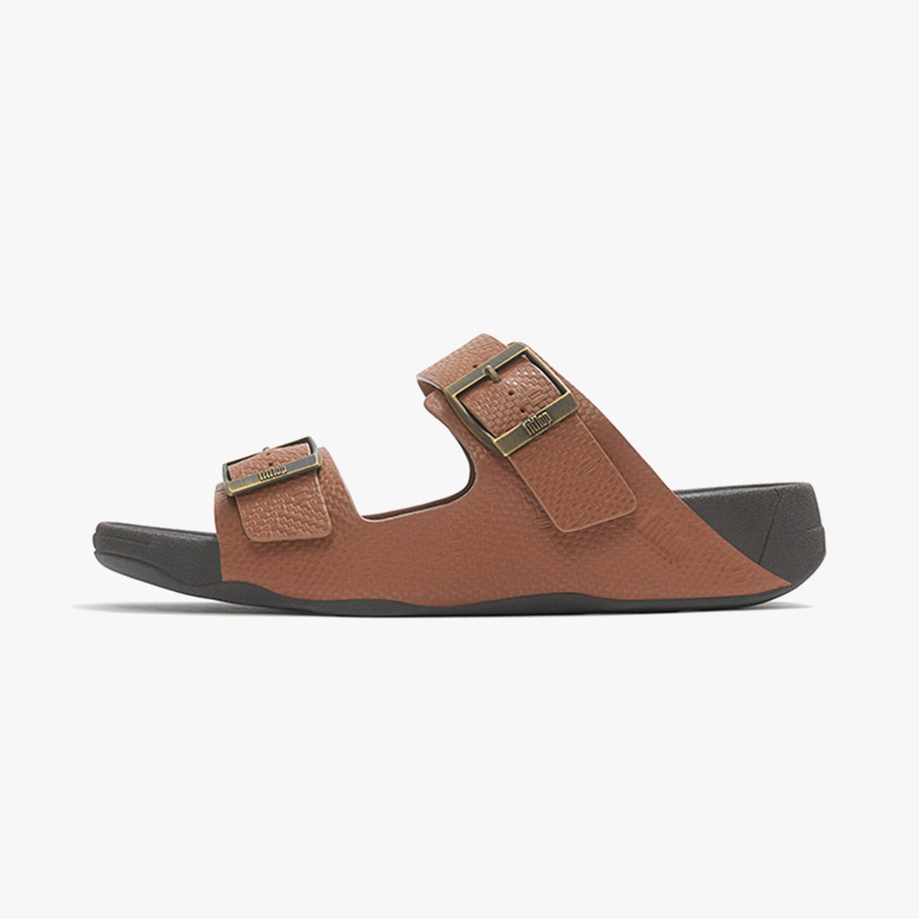 FITFLOP GOGH MOC MEN'S BUCKLE EMBOSSED-LEATHER SLIDES DEEP TAN