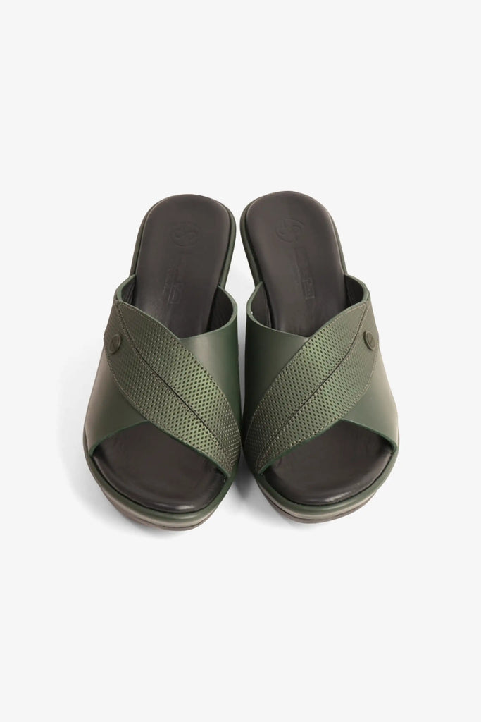 Comfort Plus Women's Leather Mules Low Heel Sandals Green LSDCP9112