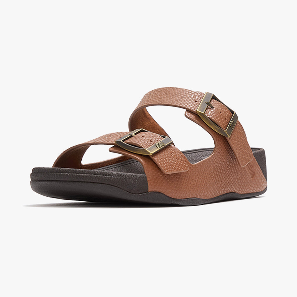 FITFLOP GOGH MOC MEN'S BUCKLE EMBOSSED-LEATHER SLIDES DEEP TAN
