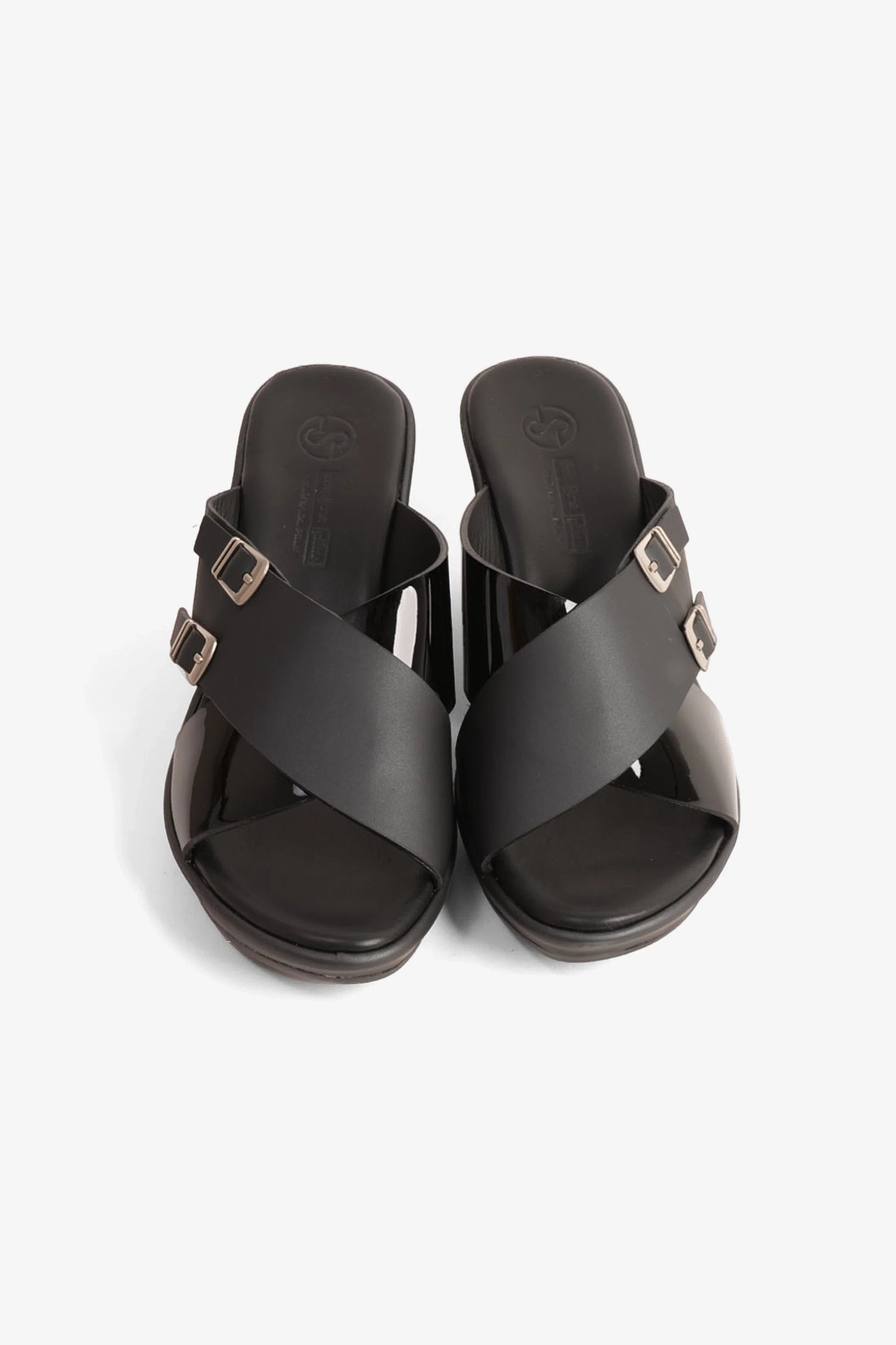 Comfort Plus Women's Double Buckle Leather Wedge Mules Black LSDCP9109
