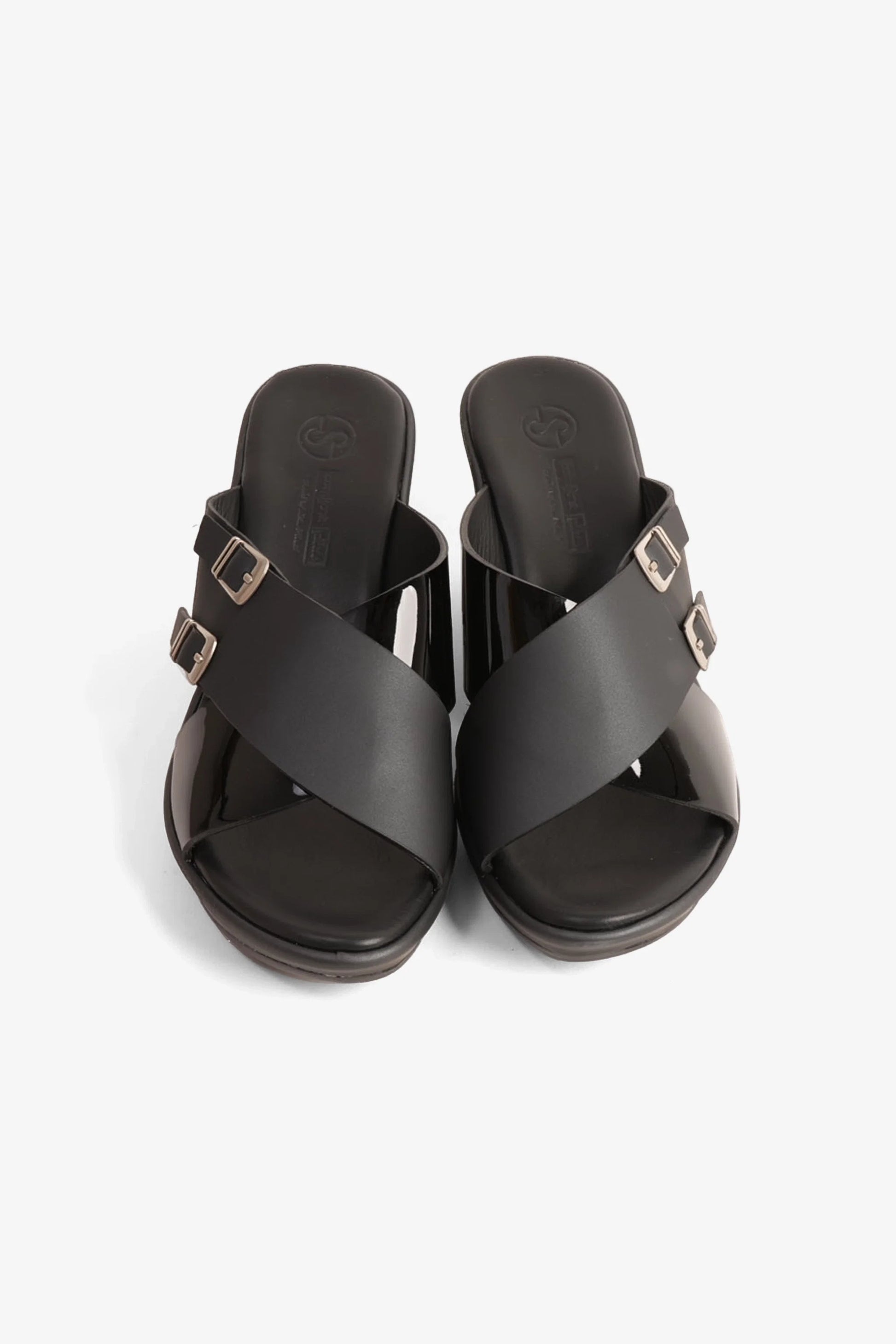 Comfort Plus Women's Double Buckle Leather Wedge Mules Black LSDCP9109