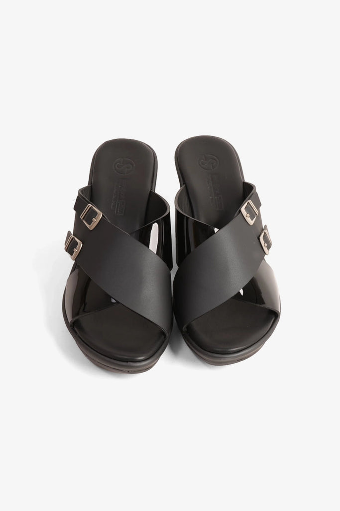 Comfort Plus Women's Double Buckle Leather Wedge Mules Black LSDCP9109