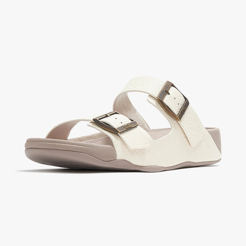 FITFLOP GOGH MOC MEN'S BUCKLE EMBOSSED-LEATHER SLIDES CREAM