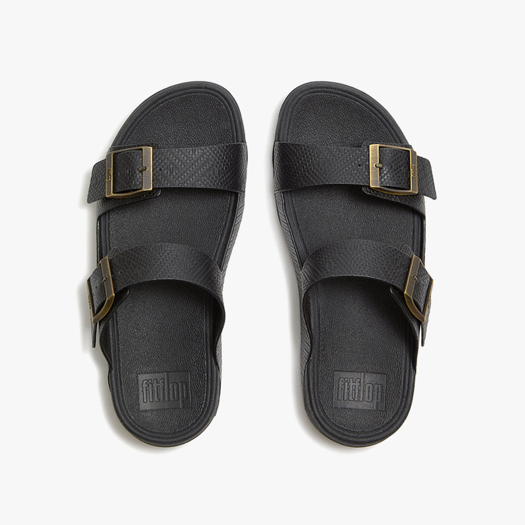 FITFLOP GOGH MOC MEN'S BUCKLE EMBOSSED-LEATHER SLIDES BLACK
