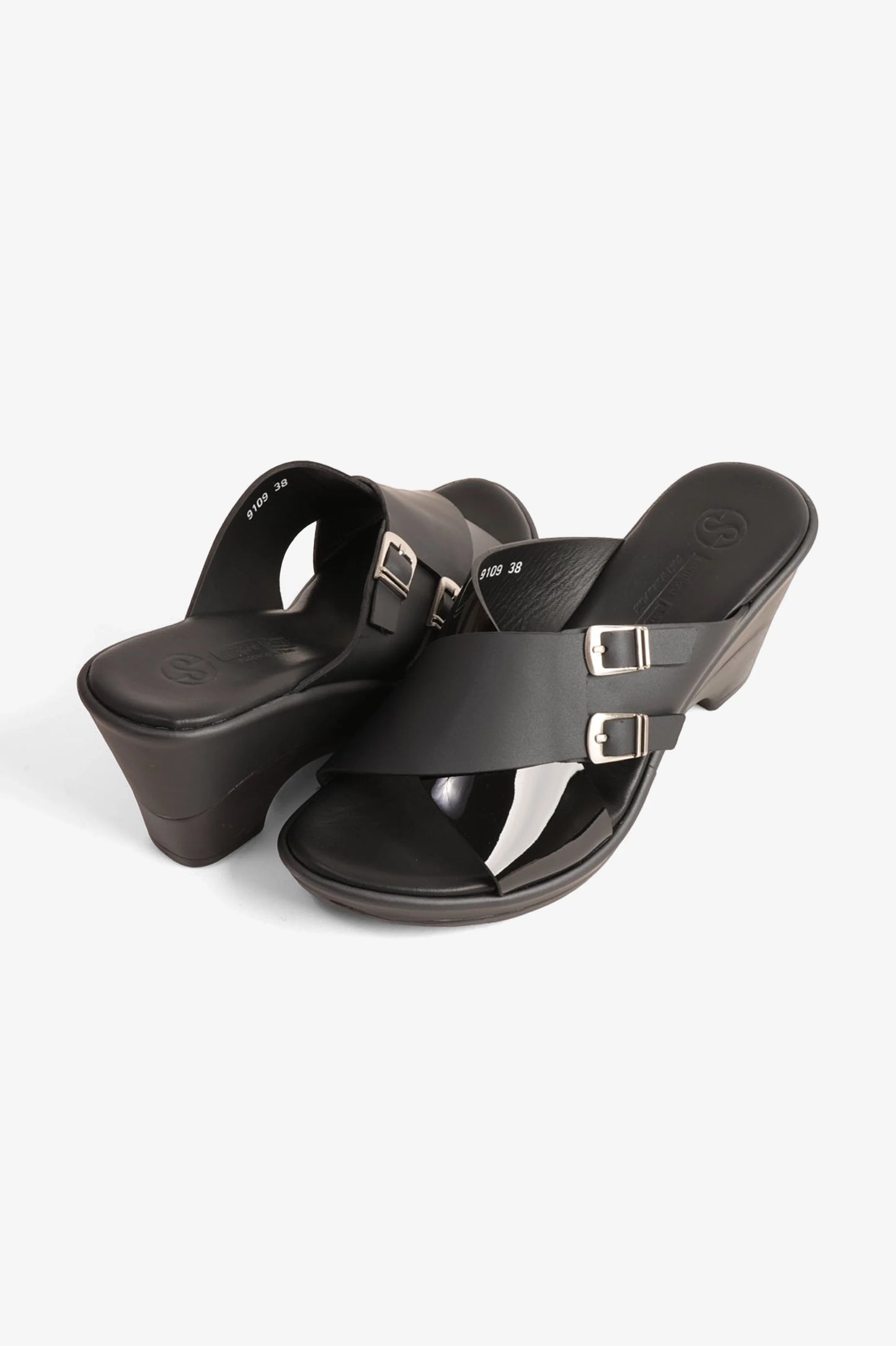 Comfort Plus Women's Double Buckle Leather Wedge Mules Black LSDCP9109