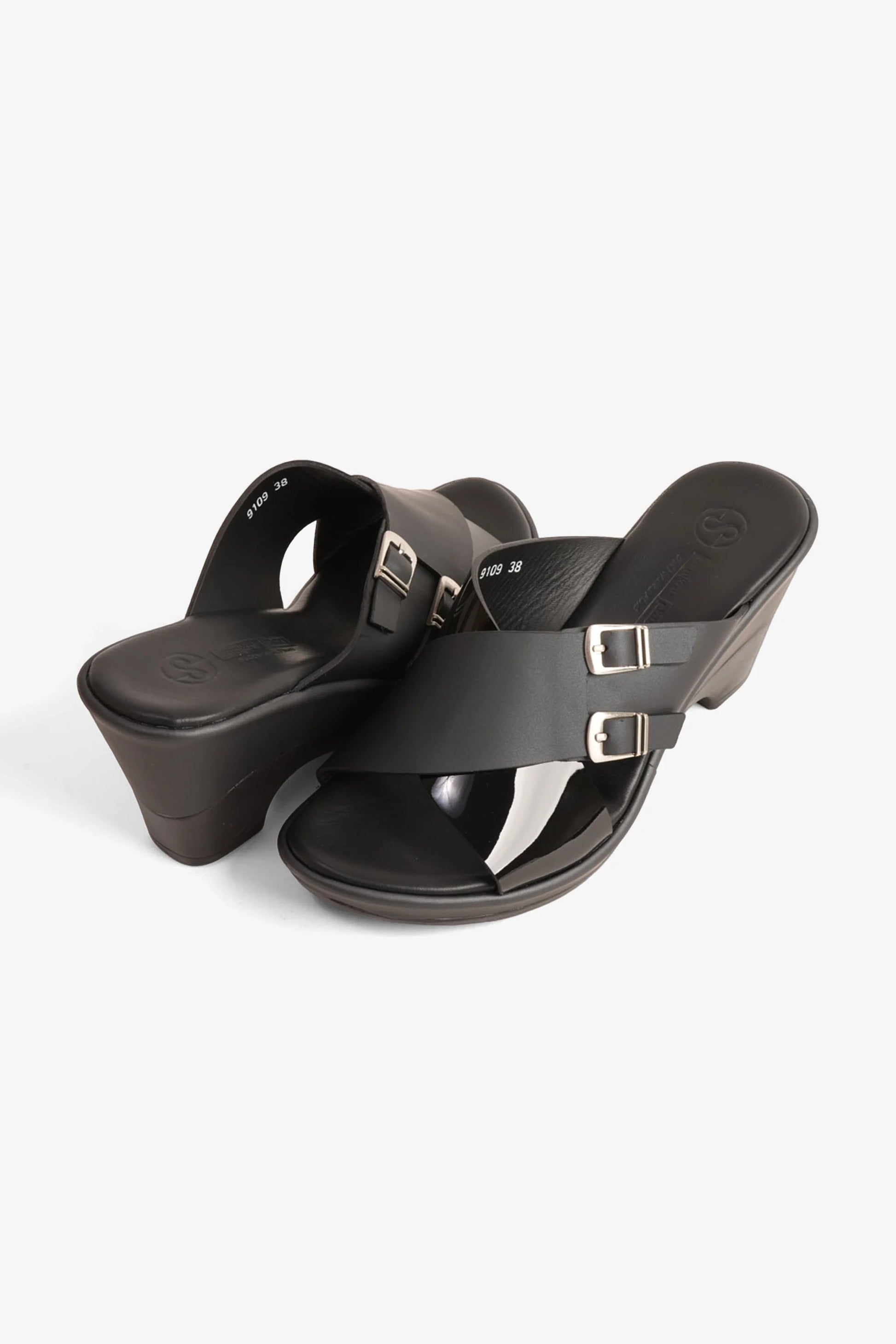 Comfort Plus Women's Double Buckle Leather Wedge Mules Black LSDCP9109