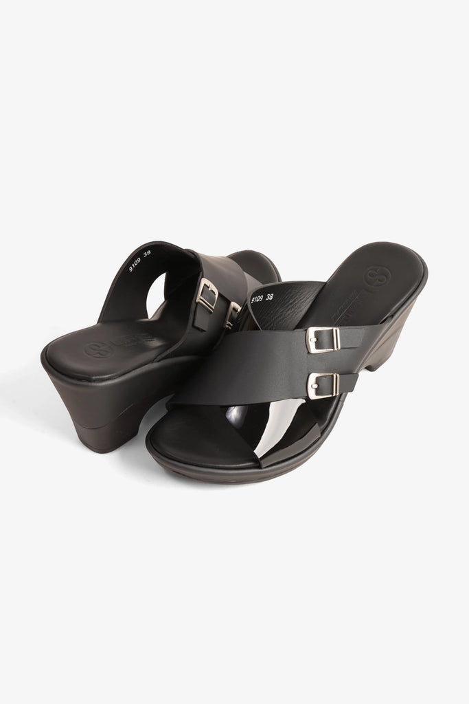 Comfort Plus Women's Double Buckle Leather Wedge Mules Black LSDCP9109