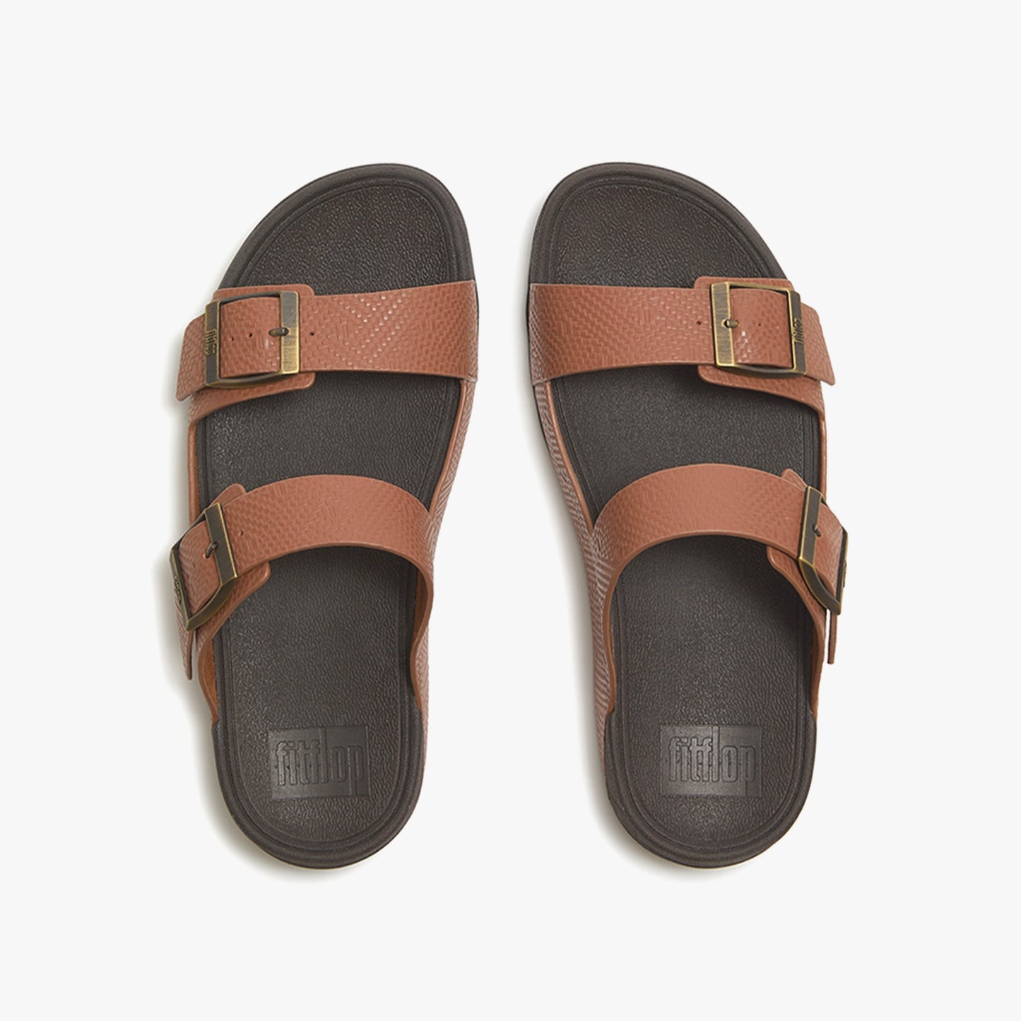 FITFLOP GOGH MOC MEN'S BUCKLE EMBOSSED-LEATHER SLIDES DEEP TAN