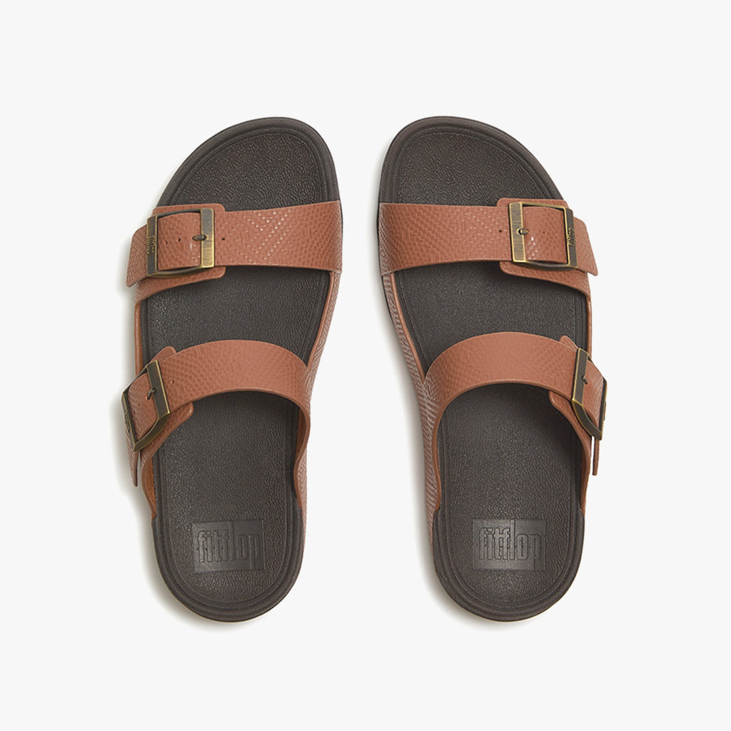 FITFLOP GOGH MOC MEN'S BUCKLE EMBOSSED-LEATHER SLIDES DEEP TAN