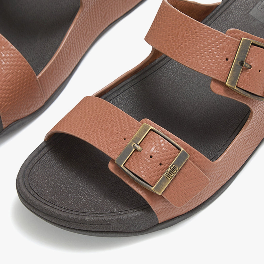 FITFLOP GOGH MOC MEN'S BUCKLE EMBOSSED-LEATHER SLIDES DEEP TAN