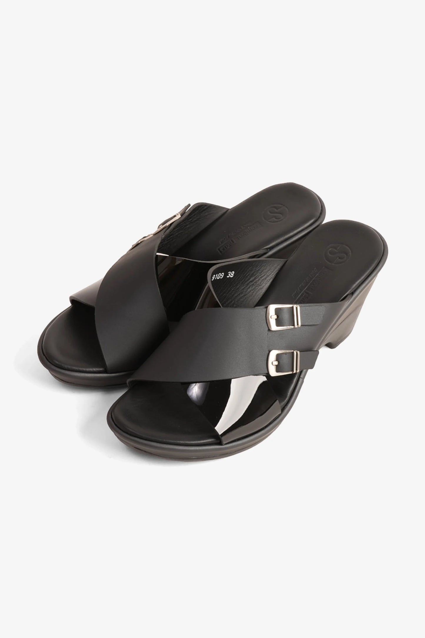 Comfort Plus Women's Double Buckle Leather Wedge Mules Black LSDCP9109
