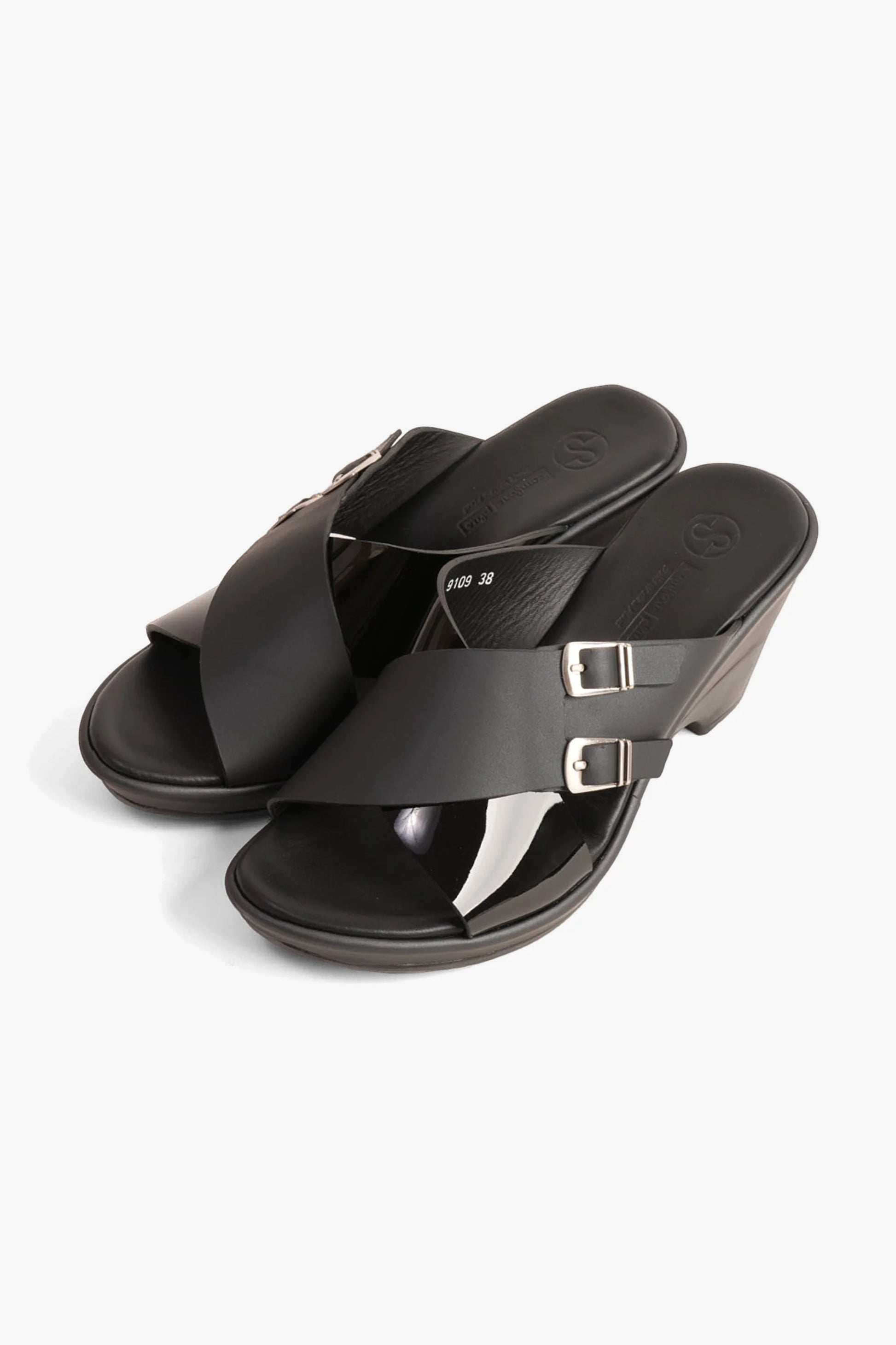 Comfort Plus Women's Double Buckle Leather Wedge Mules Black LSDCP9109