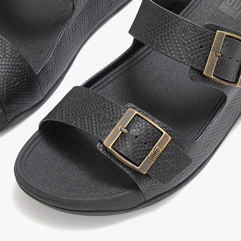 FITFLOP GOGH MOC MEN'S BUCKLE EMBOSSED-LEATHER SLIDES BLACK