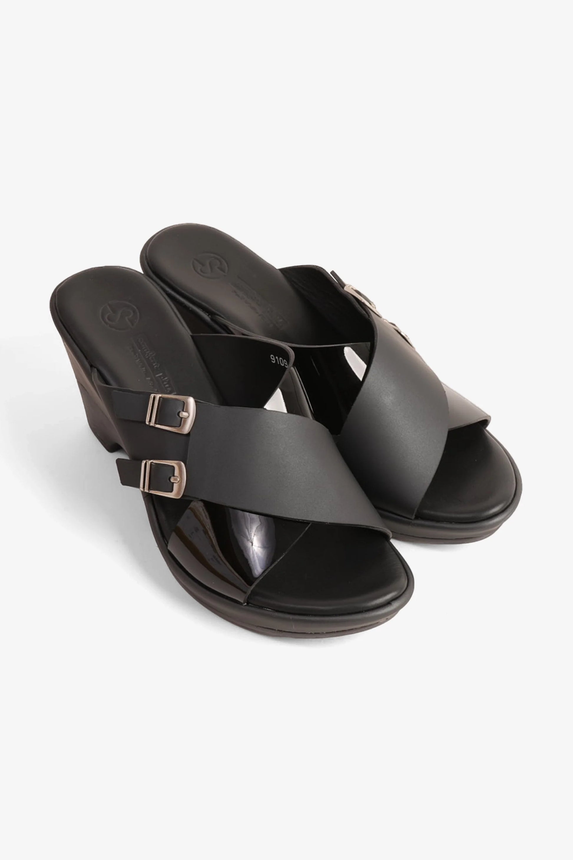 Comfort Plus Women's Double Buckle Leather Wedge Mules Black LSDCP9109