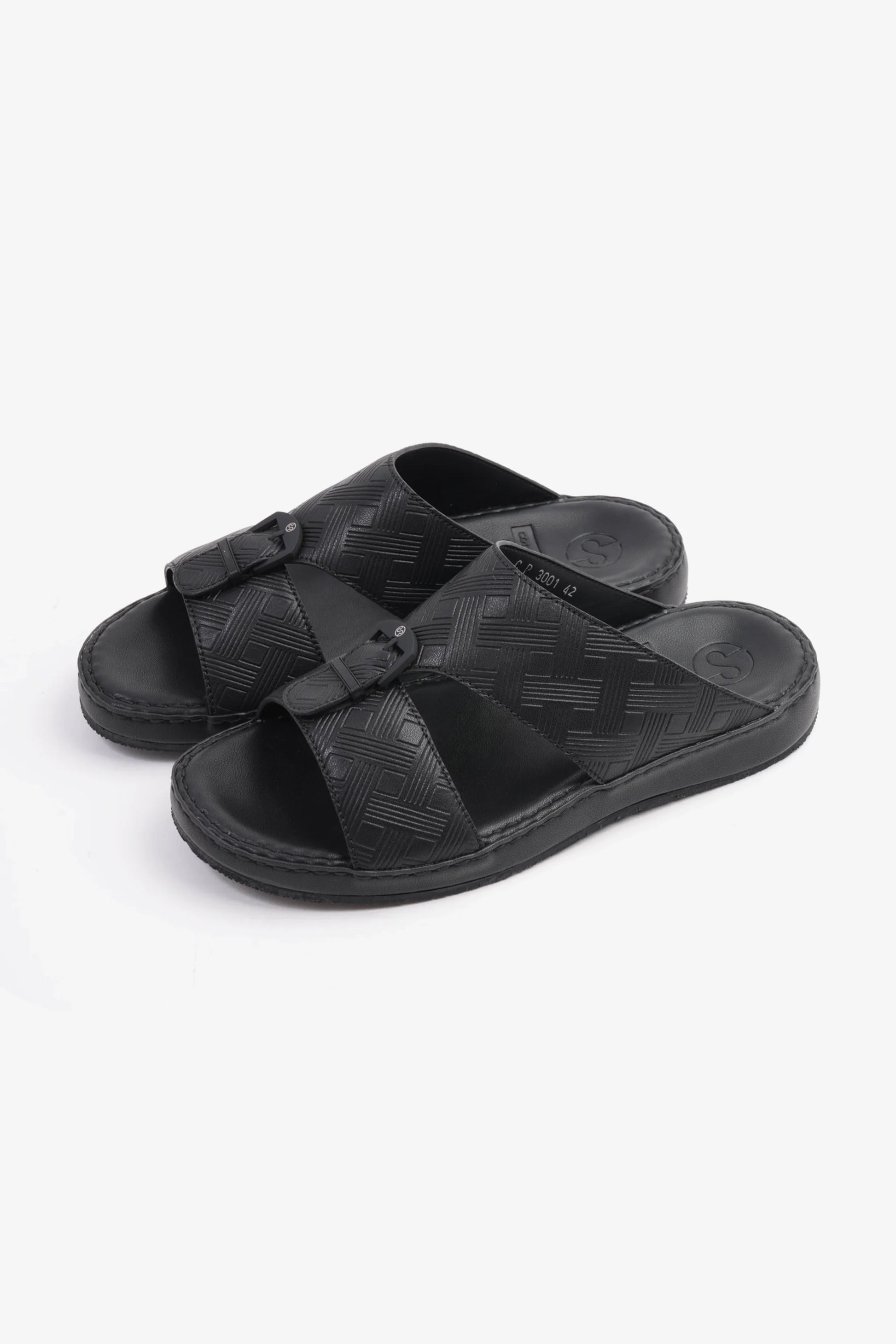 Comfort Plus Men's Embossed Leather Handstitched Arabic Sandals Black MSDCP3001