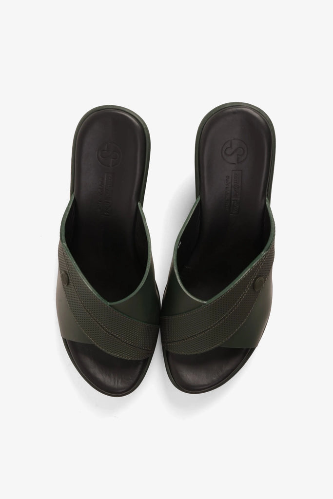 Comfort Plus Women's Leather Mules Low Heel Sandals Green LSDCP9112