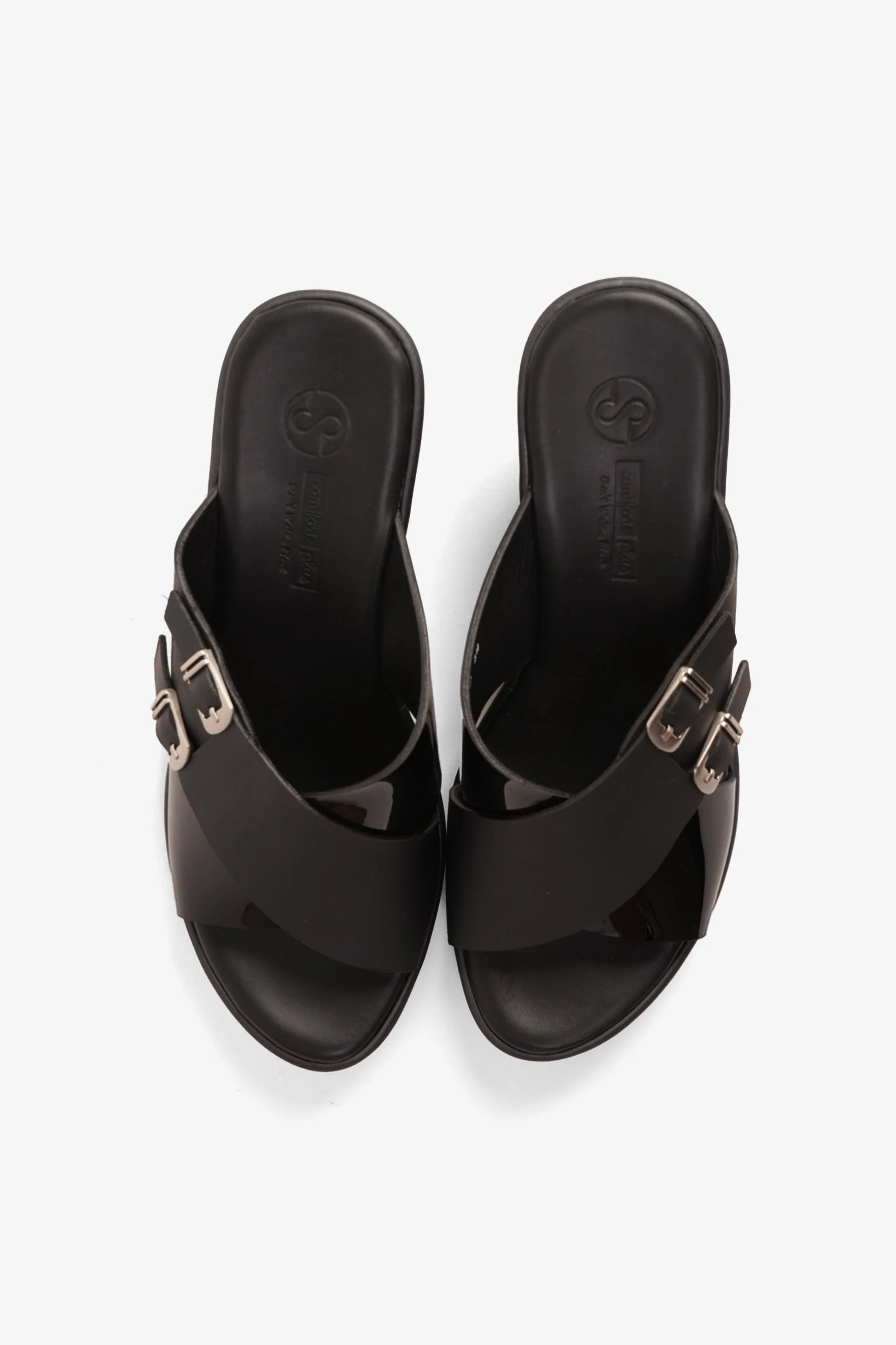 Comfort Plus Women's Double Buckle Leather Wedge Mules Black LSDCP9109