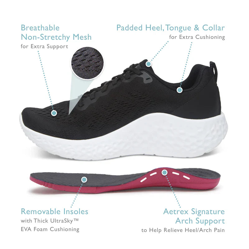 AETREX LADIES DANIKA LACE UP SPORTS SHOES WIDE AP100WW - BLACK - Sole Therapy