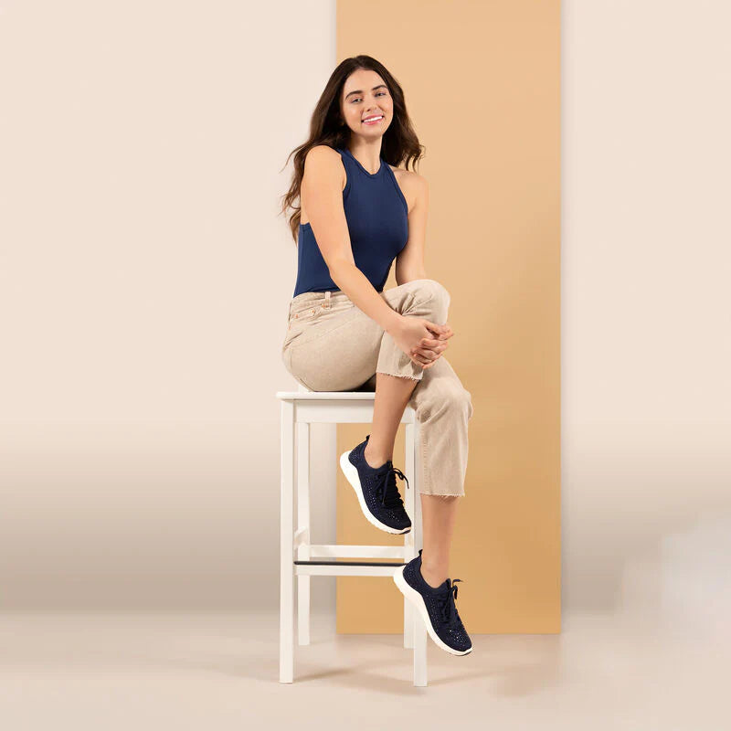 AETREX WOMEN'S SPORT SHOES CARLY SPARKLE LACE UP NAVY - Sole Therapy