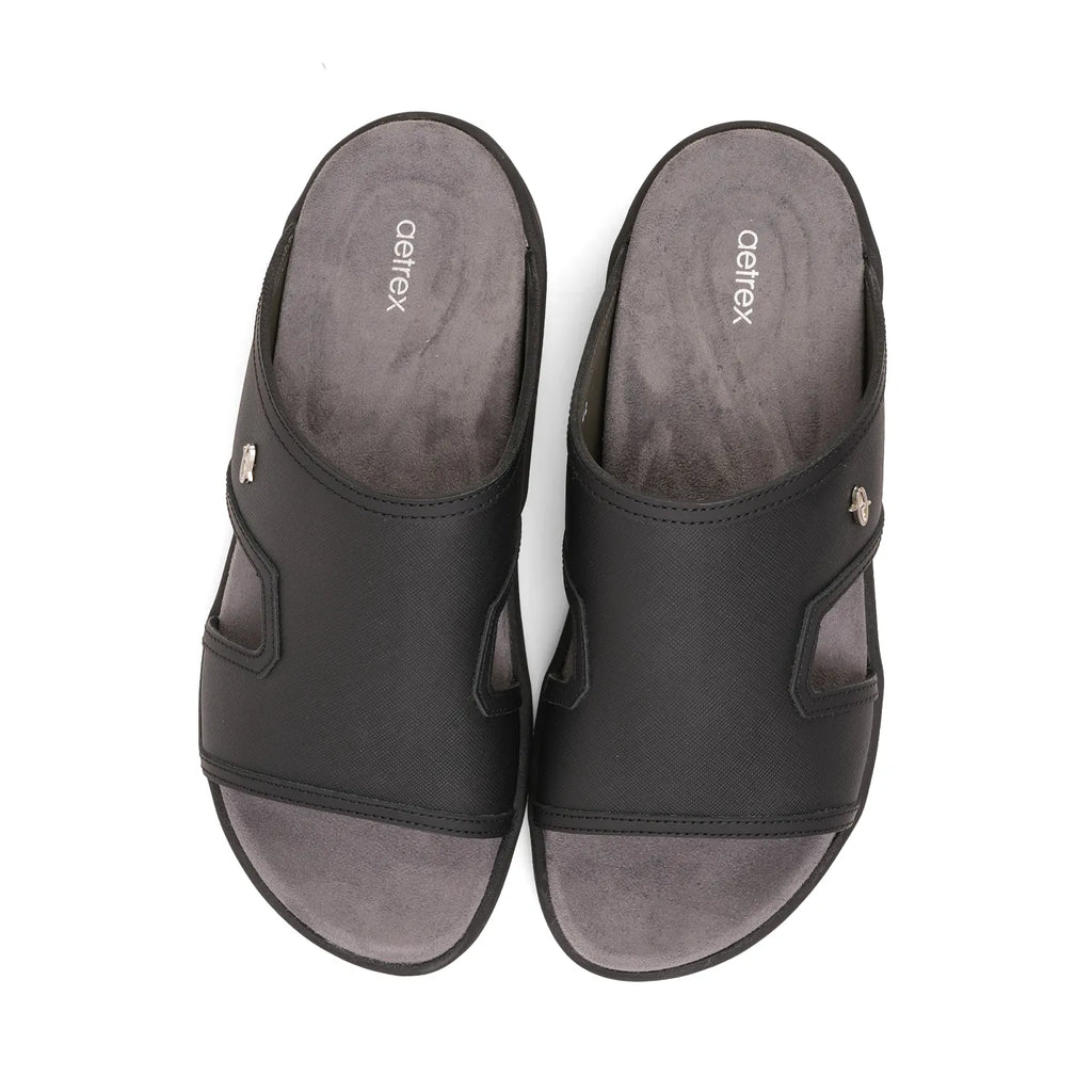 Aetrex Men's Suede Foot Bed Leather Sandals Black - Sole Therapy