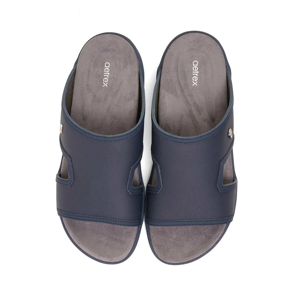 Aetrex Men's Suede Foot Bed Leather Sandals Navy - Sole Therapy