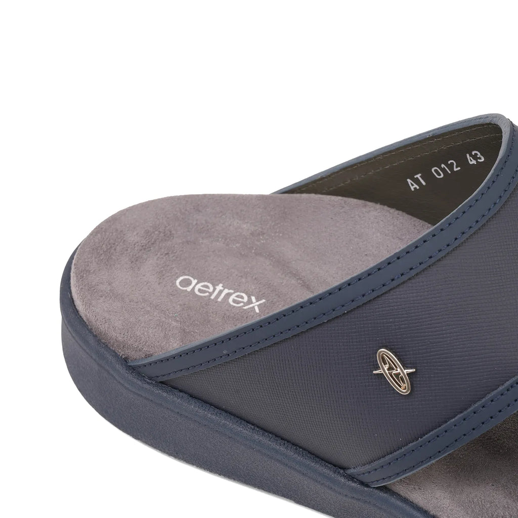 Aetrex Men's Suede Foot Bed Leather Sandals Navy - Sole Therapy