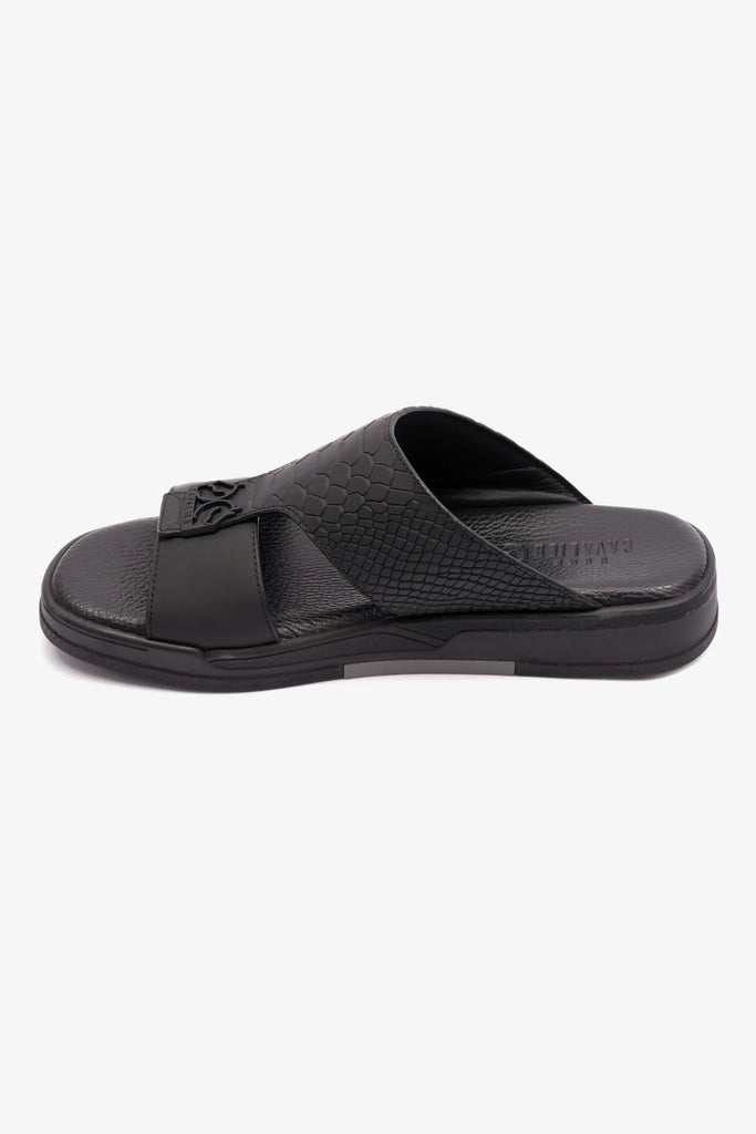EMBOSSED LEATHER UOMO CAVALIER MENS SANDALS BLACK - Seventy7