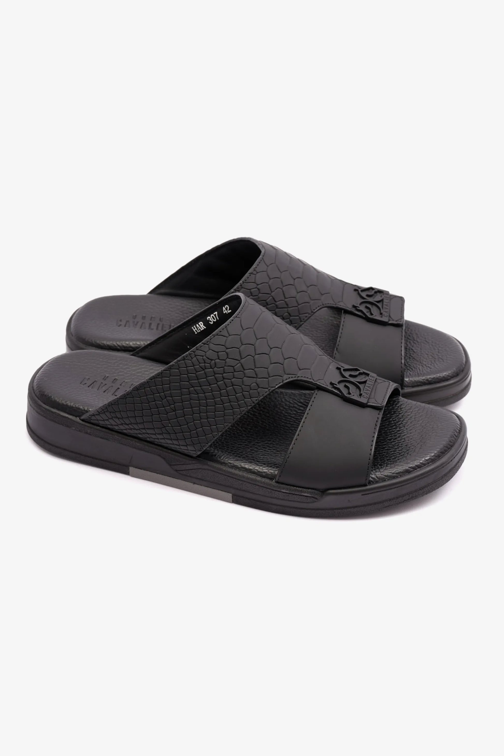 EMBOSSED LEATHER UOMO CAVALIER MENS SANDALS BLACK - Seventy7