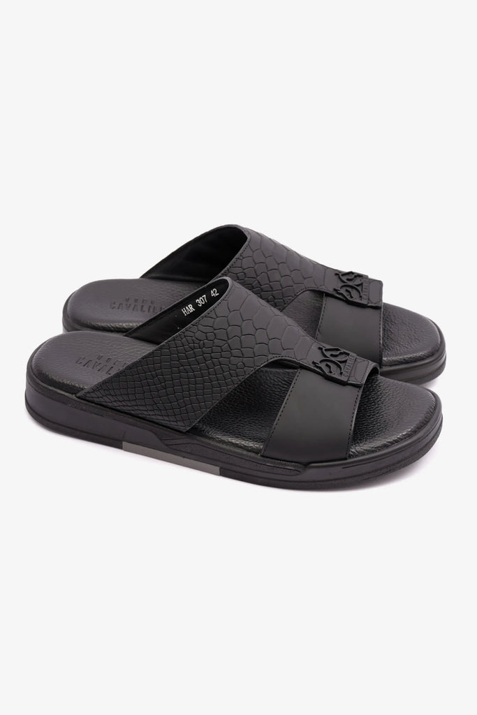 EMBOSSED LEATHER UOMO CAVALIER MENS SANDALS BLACK - Seventy7