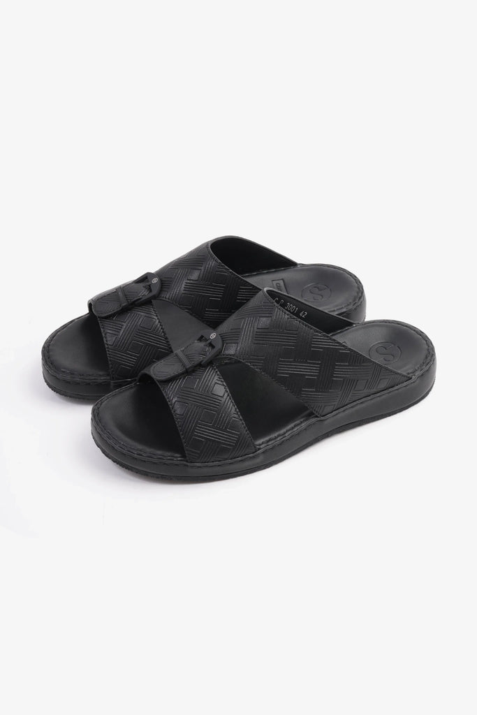 Comfort Plus Men's Embossed Leather Handstitched Arabic Sandals Black MSDCP3001 - Sole Therapy