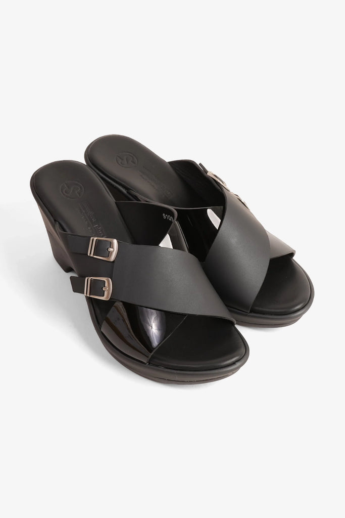 Comfort Plus Women's Double Buckle Leather Wedge Mules Black LSDCP9109 - Sole Therapy