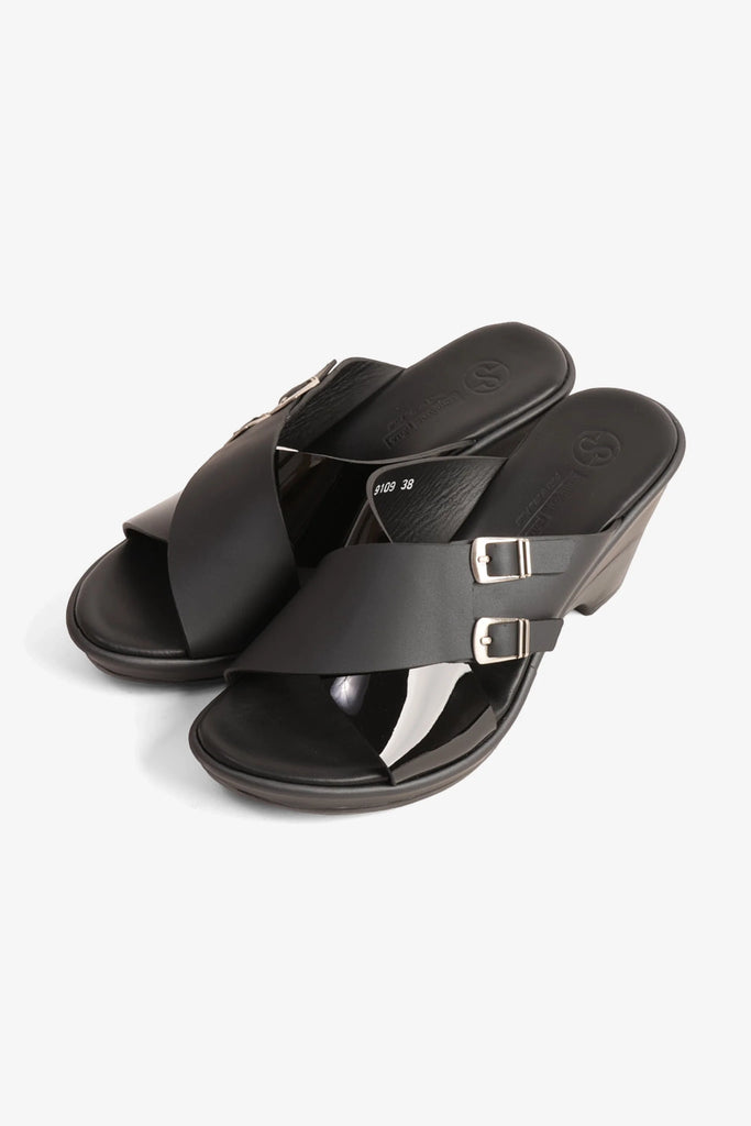 Comfort Plus Women's Double Buckle Leather Wedge Mules Black LSDCP9109 - Sole Therapy