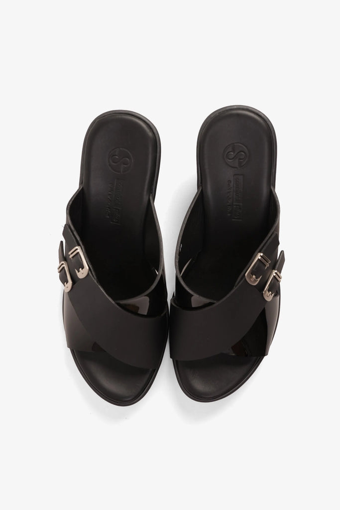 Comfort Plus Women's Double Buckle Leather Wedge Mules Black LSDCP9109 - Sole Therapy