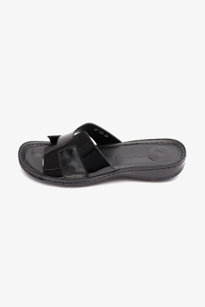 Comfort Plus Women's Flat Patent Leather Sandals Black LSDCP723 - Sole Therapy