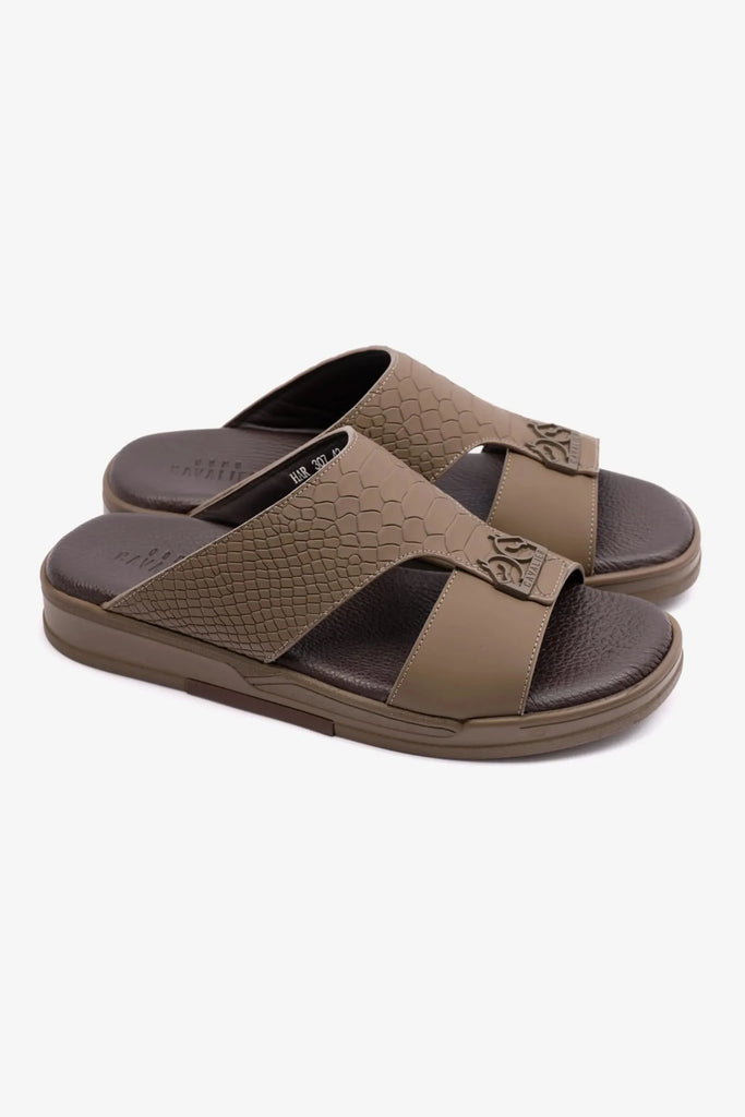 EMBOSSED LEATHER UOMO CAVALIER MENS SANDALS TRUFFLE - Sole Therapy