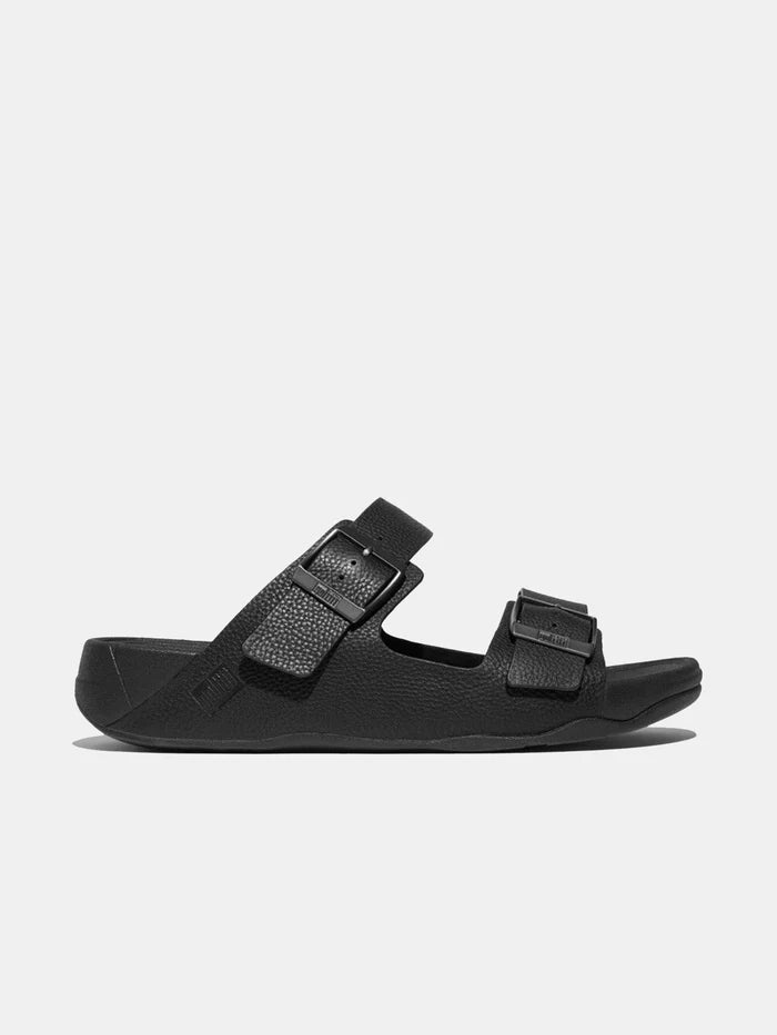 Fitflop Gogh Moc Mens Buckle Tumbled-Leather Slides Black - Sole Therapy
