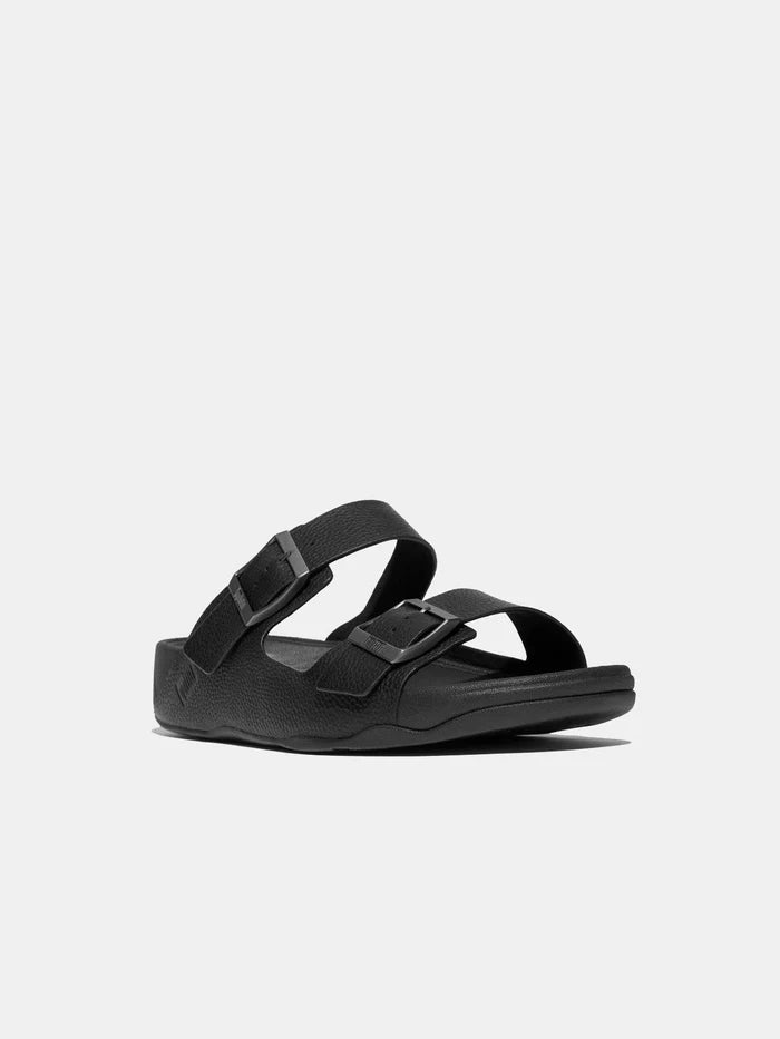 Fitflop Gogh Moc Mens Buckle Tumbled-Leather Slides Black - Sole Therapy