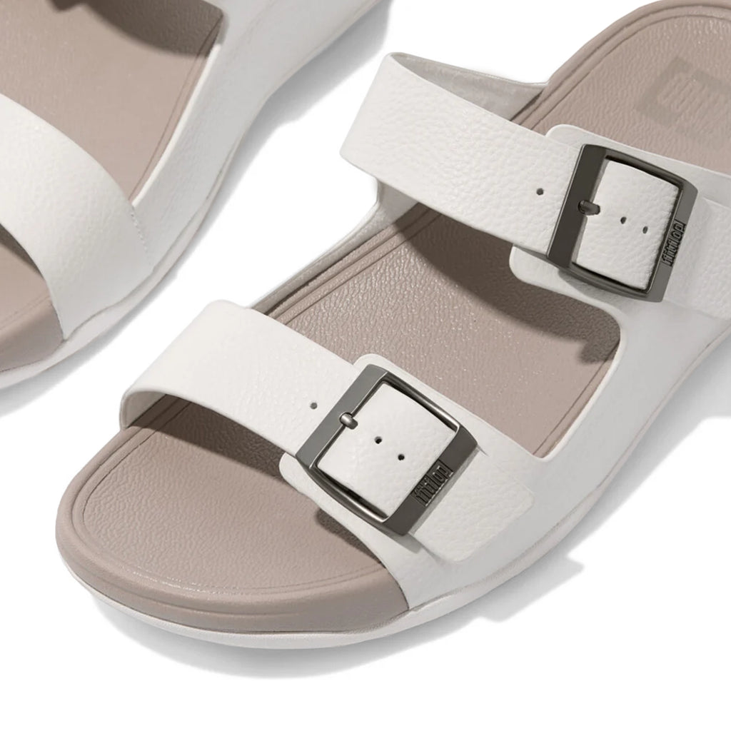Fitflop Gogh Moc Mens Buckle Tumbled-Leather Slides Urban White - Sole Therapy