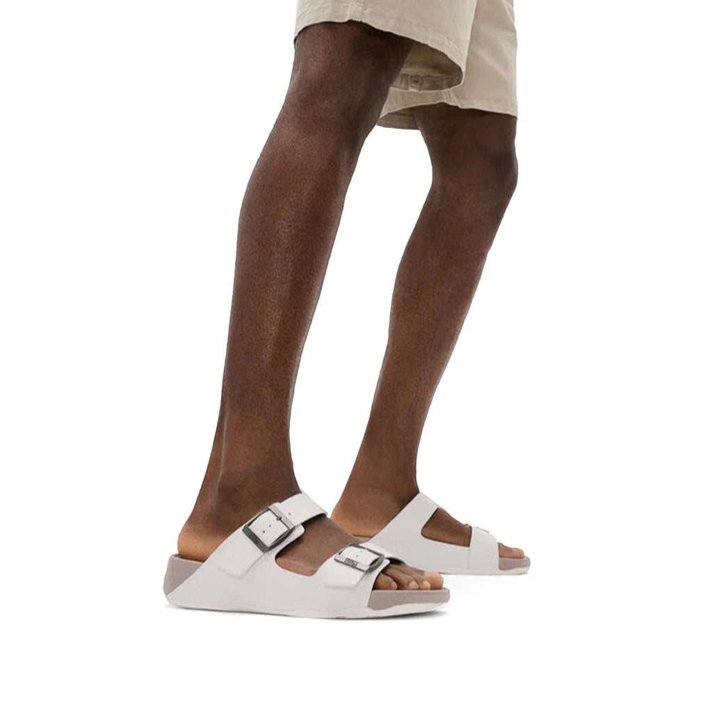 Fitflop Gogh Moc Mens Buckle Tumbled-Leather Slides Urban White - Sole Therapy