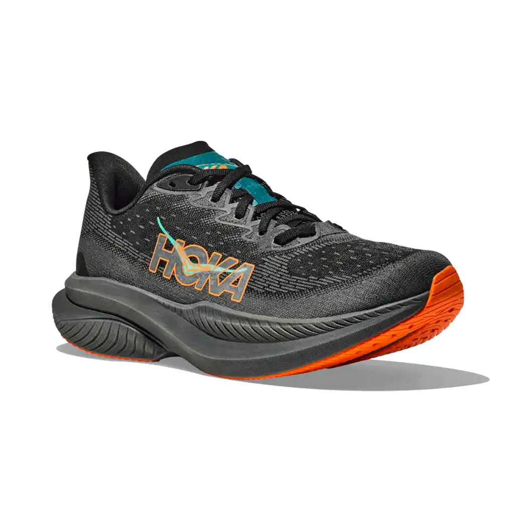 HOKA MENS RUNNING SHOES MACH6 BLACK/ELECTRIC TANGERINE - Sole Therapy